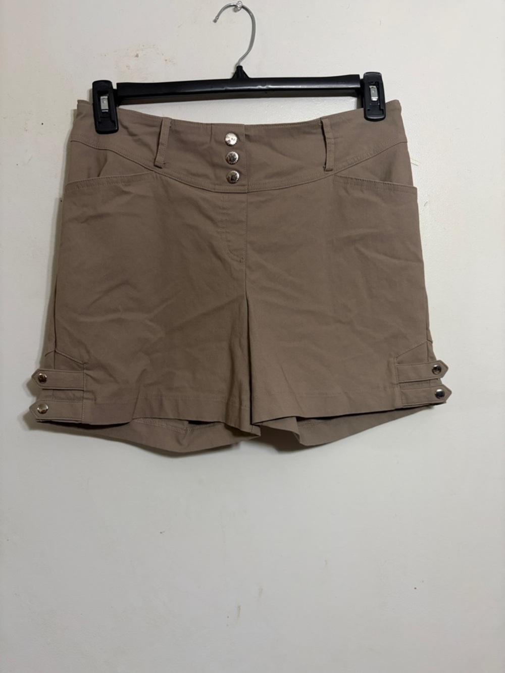 High-Rise Beige Button-Trim Bermuda Shorts